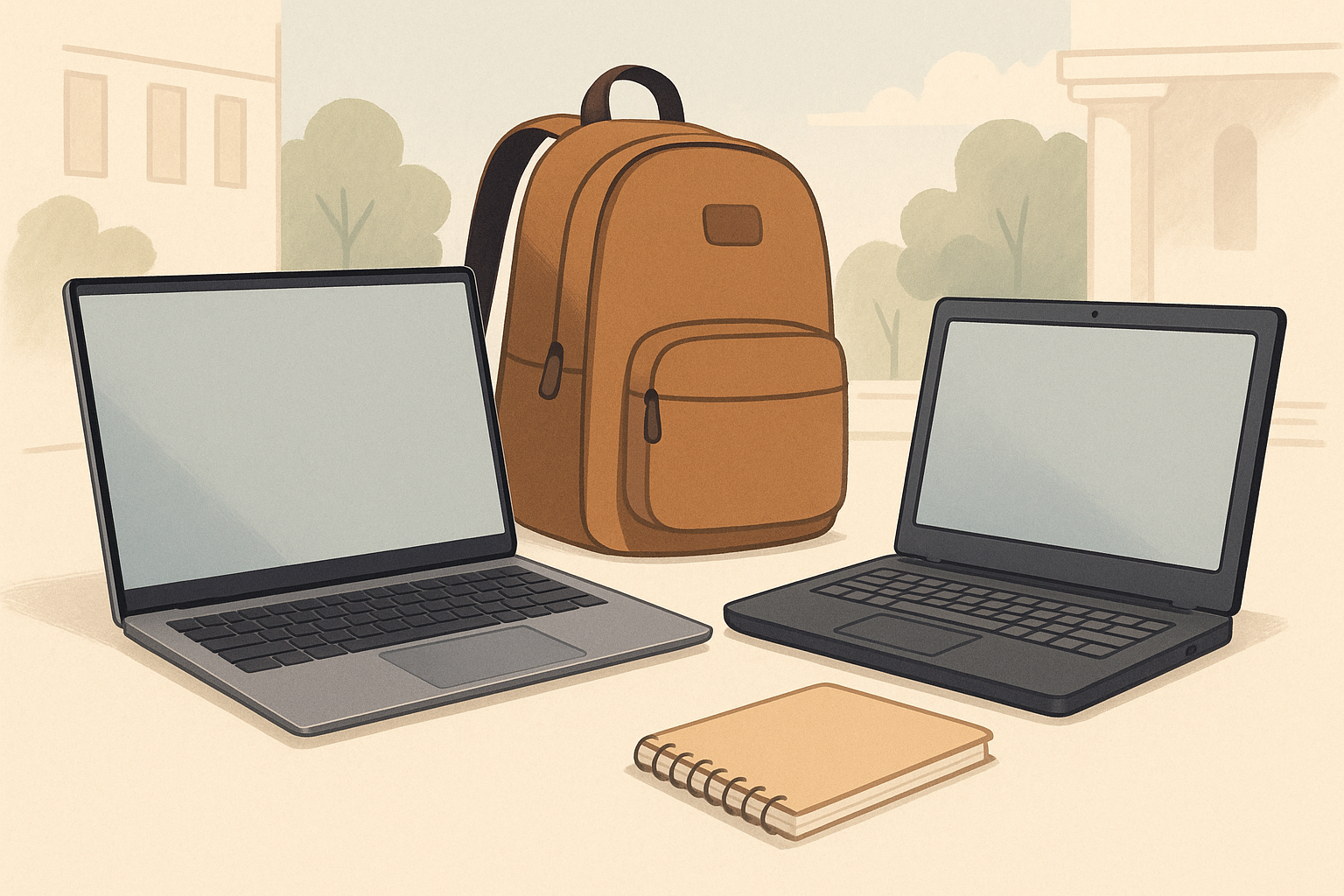 Ilustrasi AI: Laptop tipis dan ringan yang cocok dibawa ke kampus, disandingkan dengan laptop entry-level lokal.