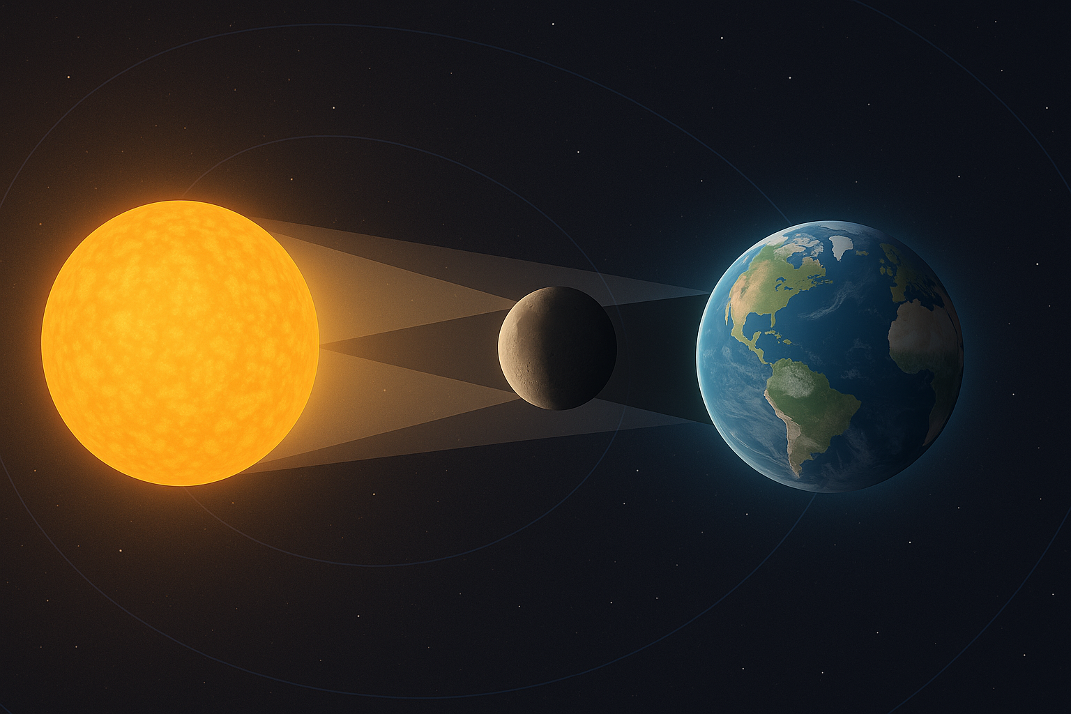 Ilustrasi AI: Diagram posisi Matahari, Bulan, dan Bumi saat gerhana total serta bayangan umbra dan penumbra